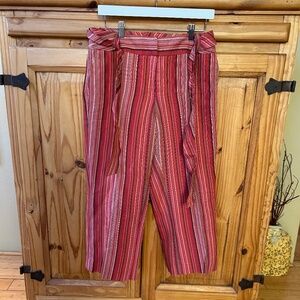 NWT David N Linen Pants Cropped Red Stripe Tie Waist Wide Leg Women's Size 10
